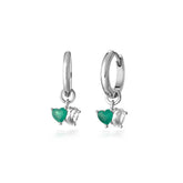 Silver Double Cut Hoop , White Rhodium, Natural Green Agate + Give Fun Gift