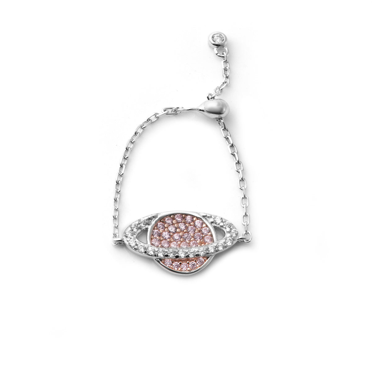Silver Pink Saturn Adjustable Ring, White Rhodium, Premium Cubic Zirconia + Sun Gift