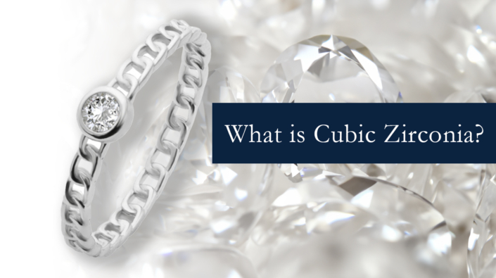 A piece of fine jewelry featuring a white CZ stone with the text “What is cubic zirconia?” next to the ring.