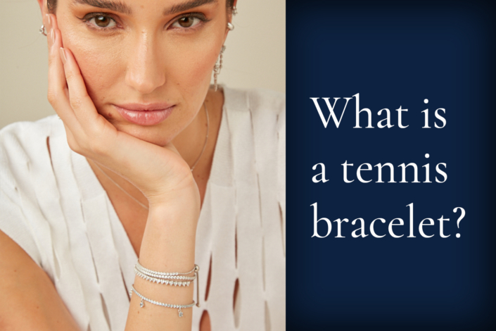 An image of a diamond tennis bracelet with the words, “What is a tennis bracelet?” next to it.